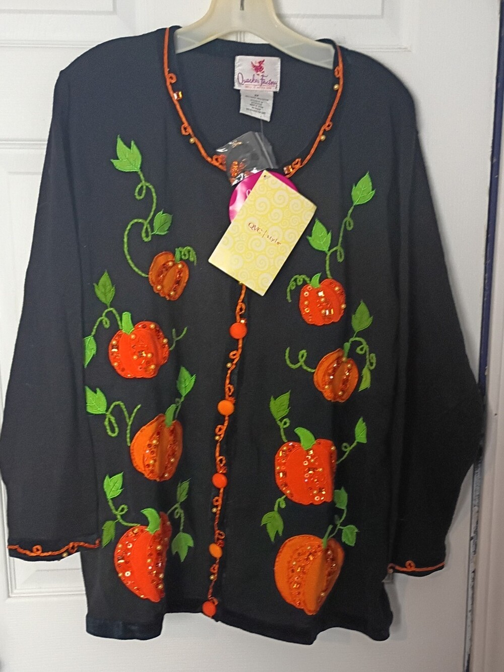 NWT Quacker Factory Vintage Sequin Fall Pumpkin Halloween Cardigan Sweater 2XL
